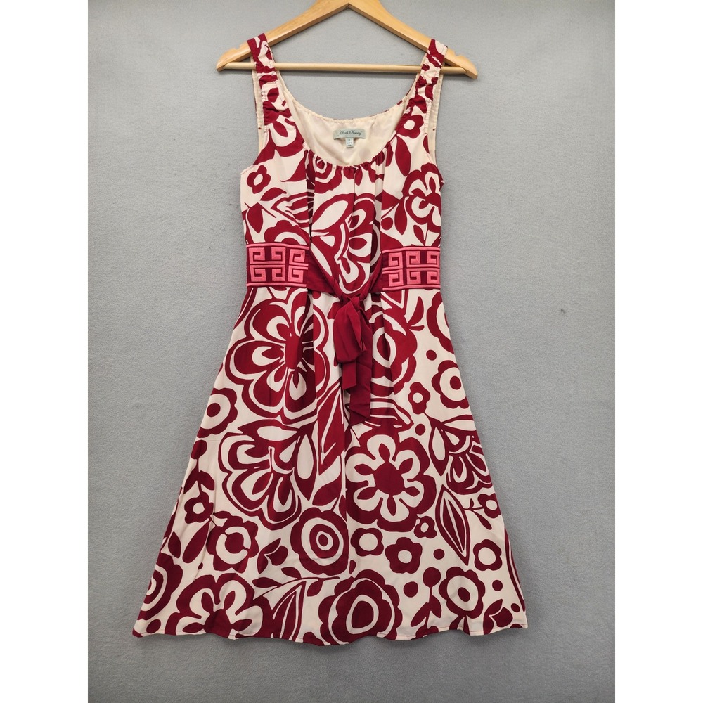 Beth Bowley 100% Silk Floral Dress Red Cream Pink Geometric Waist Sz 6 Retro Mod